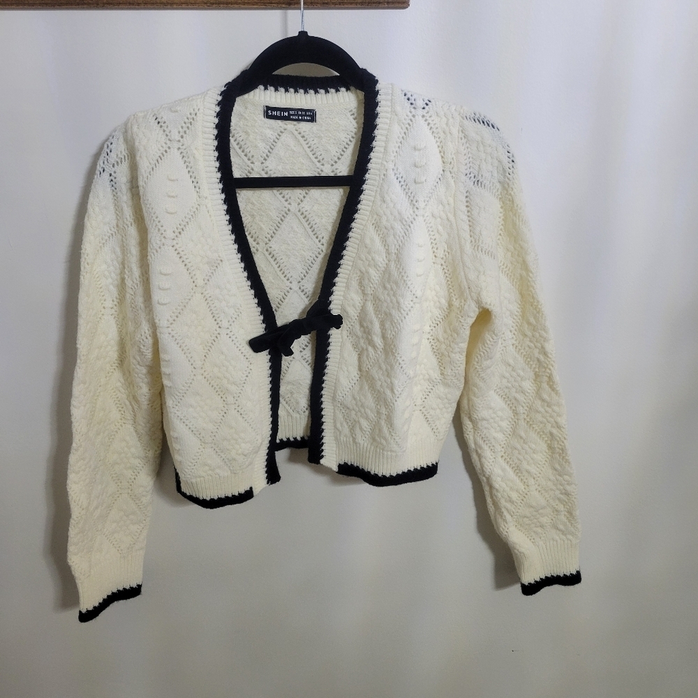SHEIN Cream Color Blocked Cardigan with Black Trim, Size 4